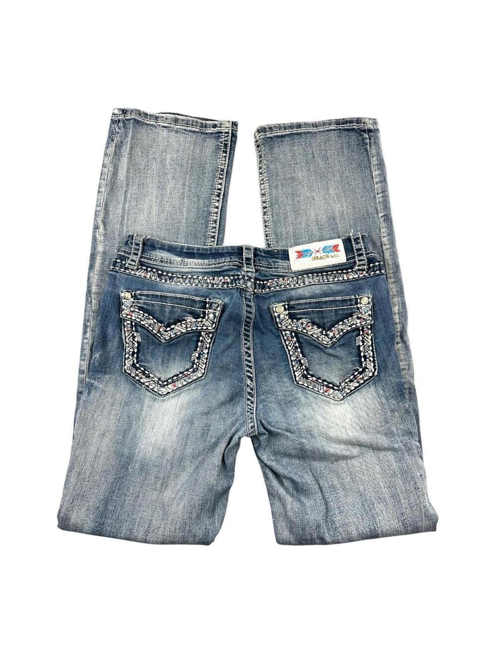 Grace In LA Low Rise Bootcut Jeans with Aztec Embroidery and Rhinestone Embellsh